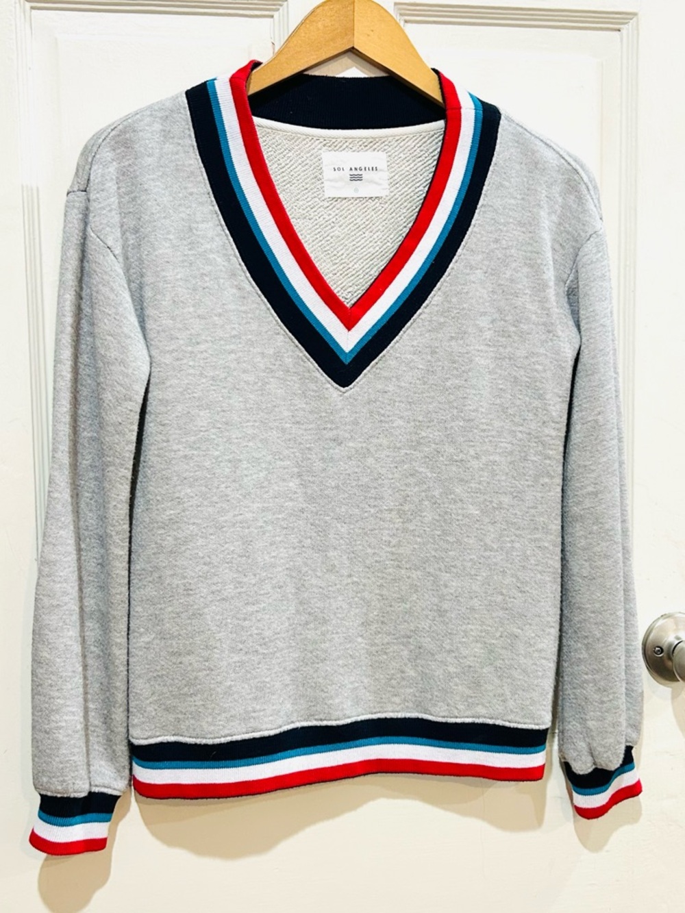Sol Angeles Cozy Striped V-Neck Gray Sweatshirt California Loungewear Size XS